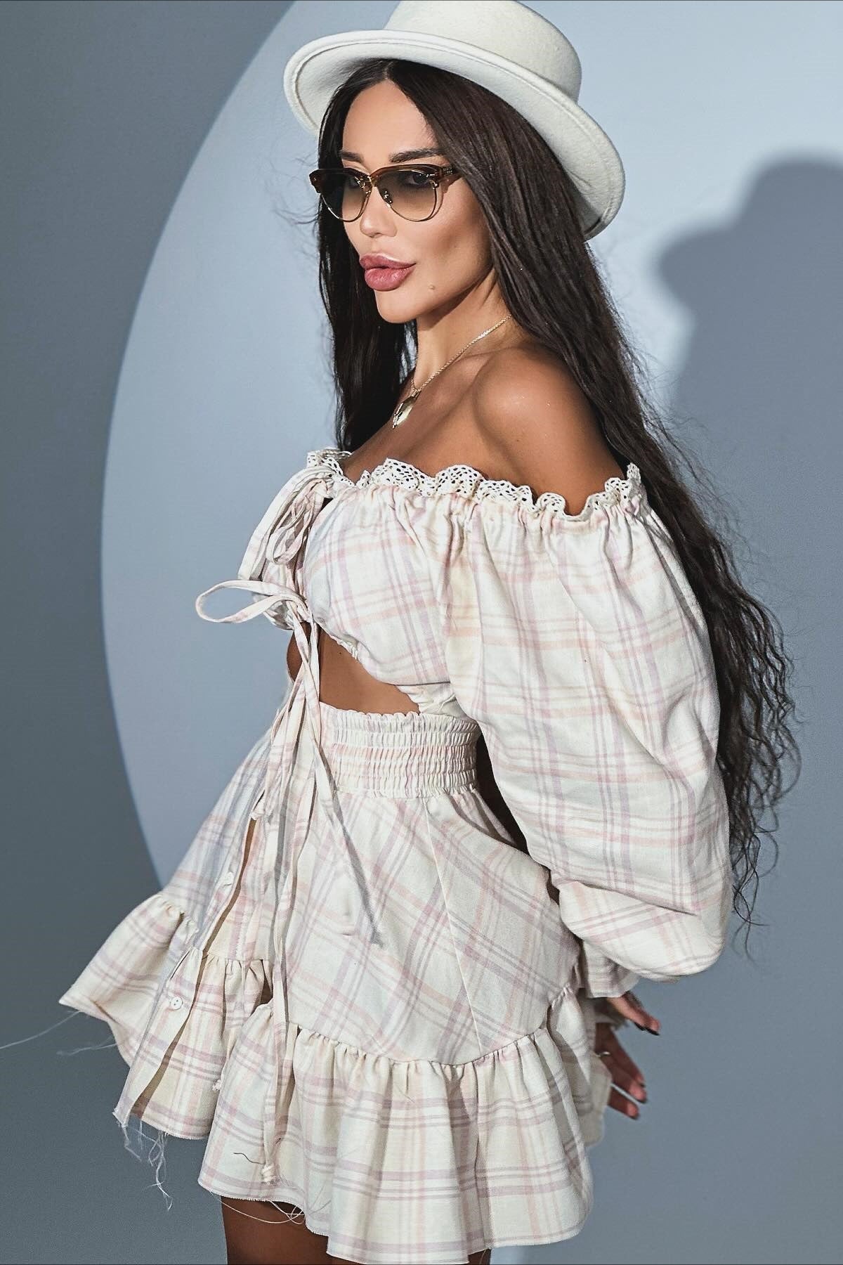 Plaid Lace Trim Off Shoulder Tie Front Puff Sleeve Smocked Mini Skirt Set