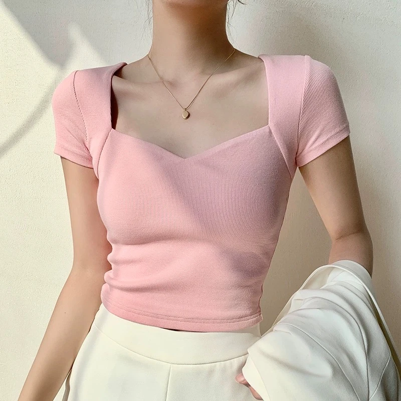 Women Square Neck Rib Crop T-shirt Summer Short Sleeve Crop Top Ladies Sexy Solid Color Short Tops Basic Black Tee Shirt