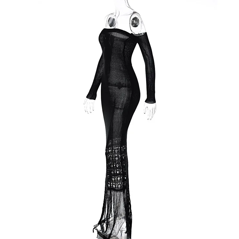 Ootddress Knitted Tassel Maxi Dresses For Women Hollow Out Sexy Bodycon Dress Women's Off The Shoulders Elegant Evening Dress Woman