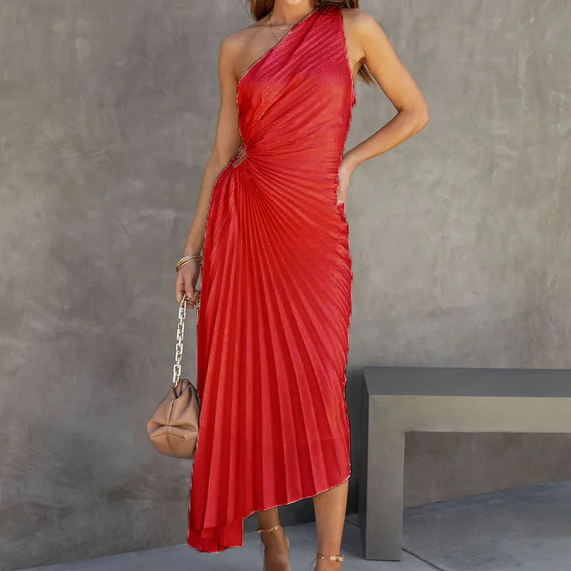 Ootddress Elegant Female Sexy Dress Gown Pleated One-Shoulder Sleeveless Summer Party Dress Fashion Slim Solid For Women Maxi Dress