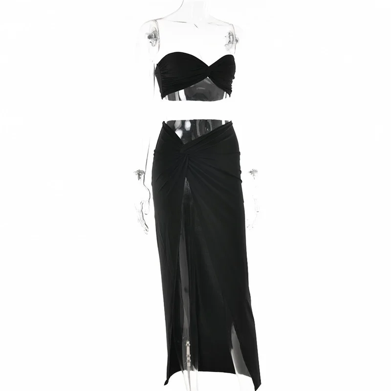 Ootddress Elegant Strapless Sexy Two Piece Set Women Sleeveless Crop Top And High Split Skirt Matching Sets Party Dress Sets