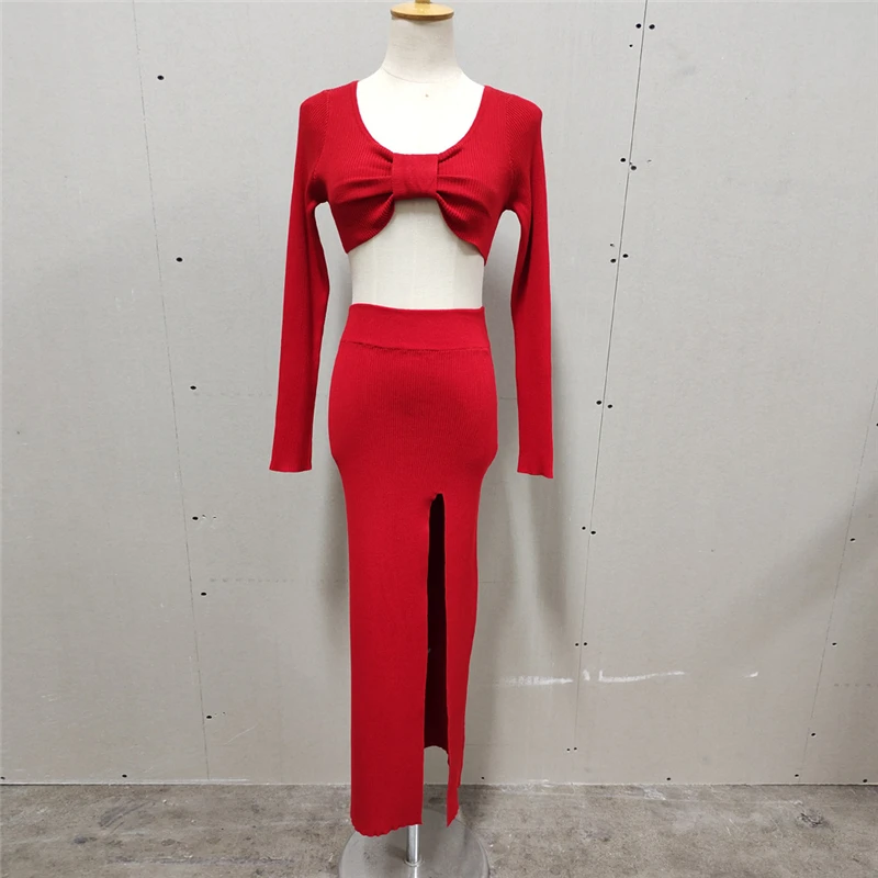 Ootddress Knitted Two Piece Dress Women Outfits Long Sleeve Crop Top and Midi Skirt High Split Out Dress Set Female Bodycon White 25 Ootddress Knitted Two Piece Dress Women Outfits Long Sleeve Crop Top and Midi Skirt High Split Out Dress Set Female Bodycon White