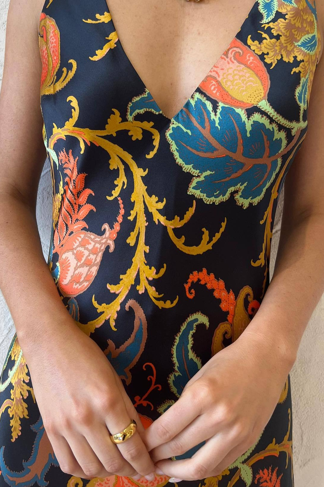 Satin Deep V-Neck Wide Strap Baroque Floral Print Slip Maxi Dress
