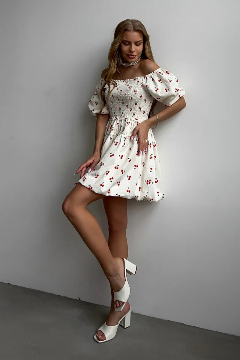 Fruit Print Smocked Off Shoulder Puff Sleeve Tiered Mini Dress