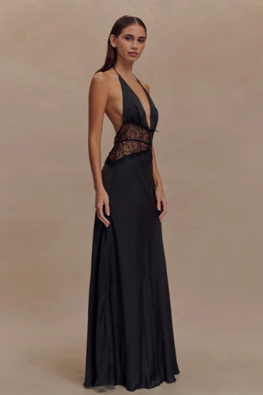 Satin Halter Deep V-Neck Lace Waist Panel Maxi Gown