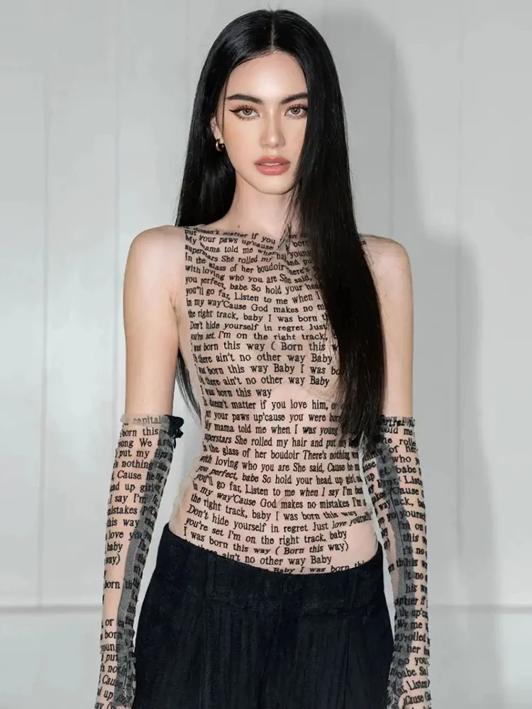Ootddress Mesh Letter Printted T-shirt Women O-Neck See Through Sexy Tank Tops With Golve High Street Basic Slim Y2K Top Tee Shirts 9 Ootddress Mesh Letter Printted T-shirt Women O-Neck See Through Sexy Tank Tops With Golve High Street Basic Slim Y2K Top Tee Shirts