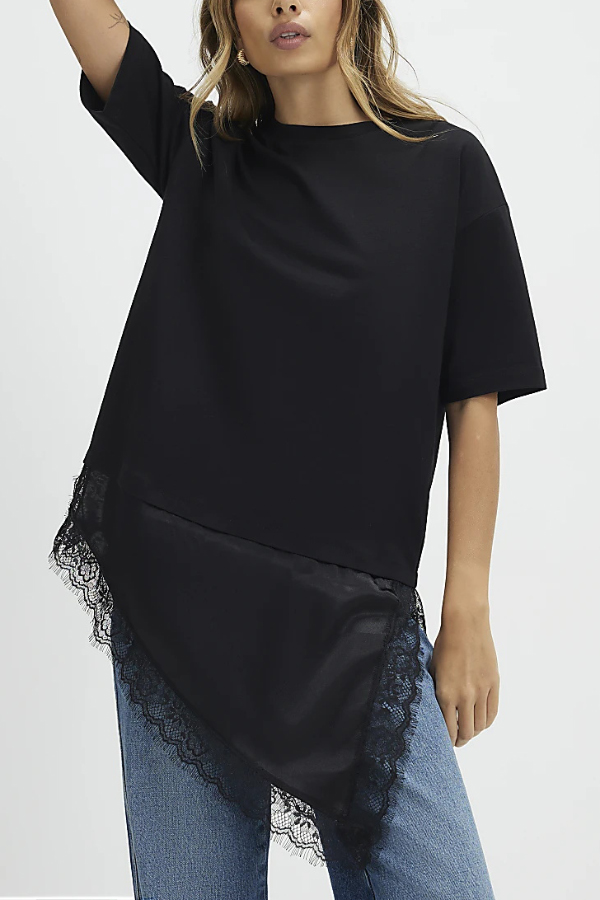 Stylish Round Neck Short-sleeved Patchwork Lace Hem Loose T-shirt