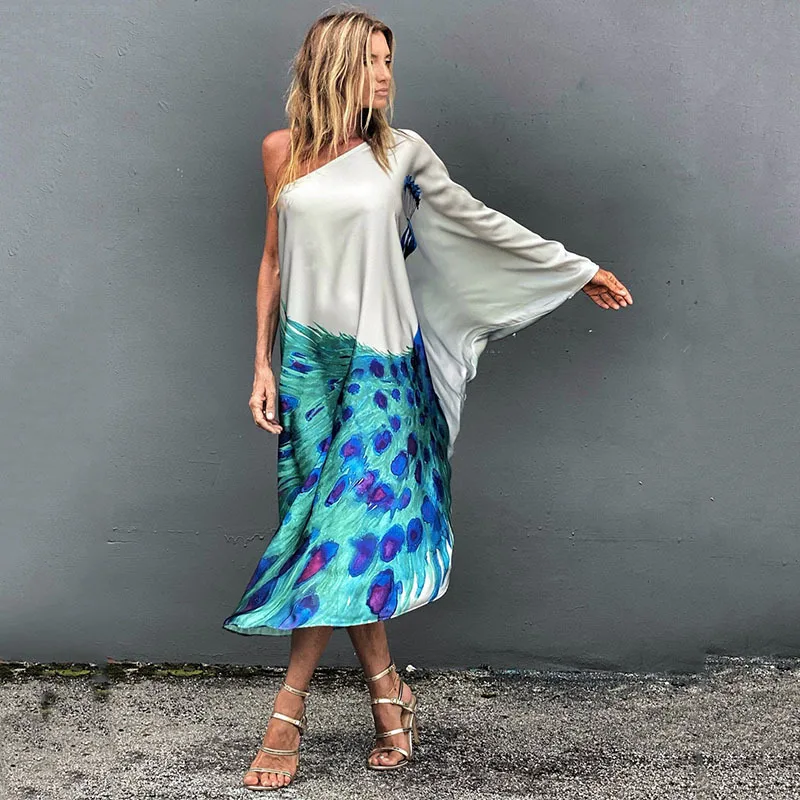 Color Butterfly Print One Shoulder Sleeve Dresses Women Sexy Off Shoulder Loose Beach Vacation Irregular Long Dress Streetwear 15 undefined