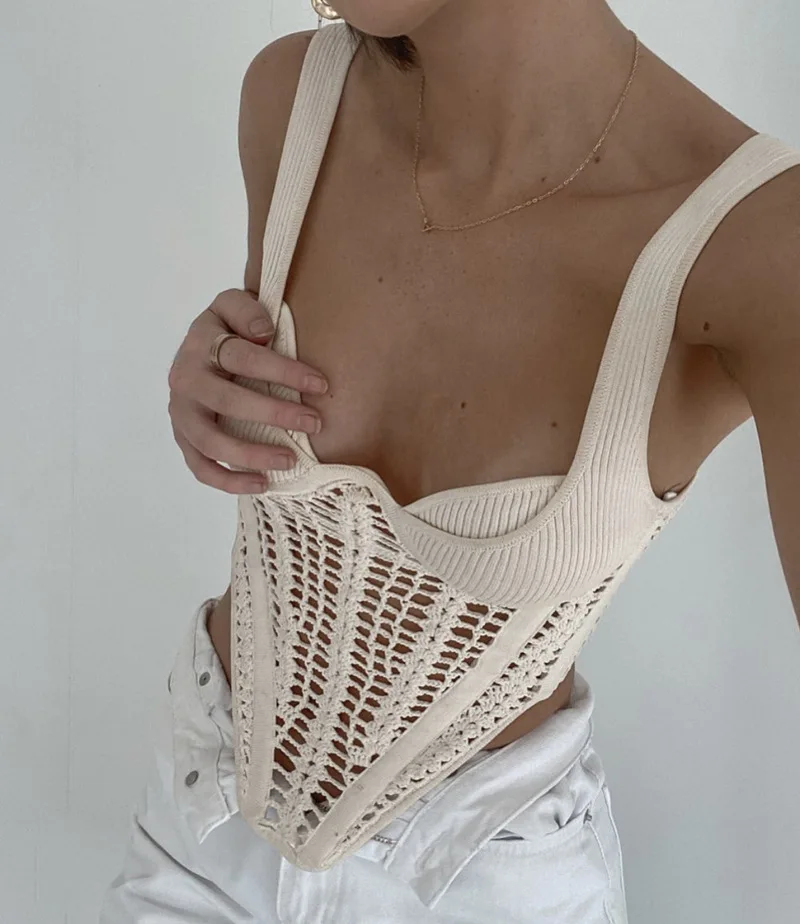 Ootddress Fishbone Waist Crocheted Knitted Crop Tops Women Vest Tee 2025 Summer Sexy Sleeveless Hollow Out Y2K Tops Corset Top