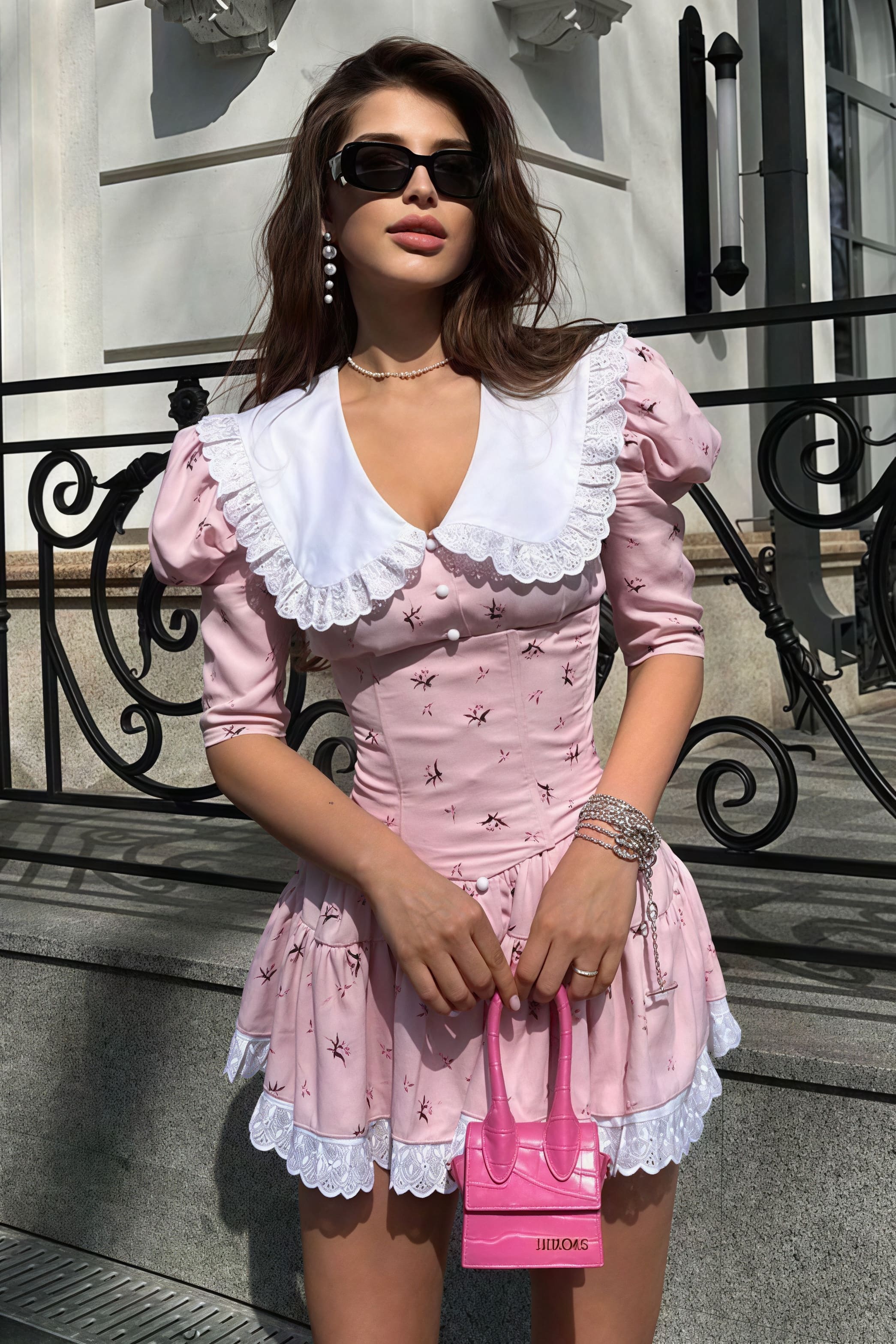 Peter Pan Collar Eyelet Lace Puff Sleeve Floral Button Front Tiered Mini Dress