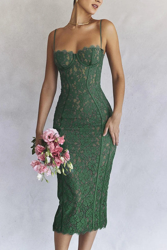 Floral Lace Corset Sweetheart Spaghetti Strap Bodycon Midi Dress