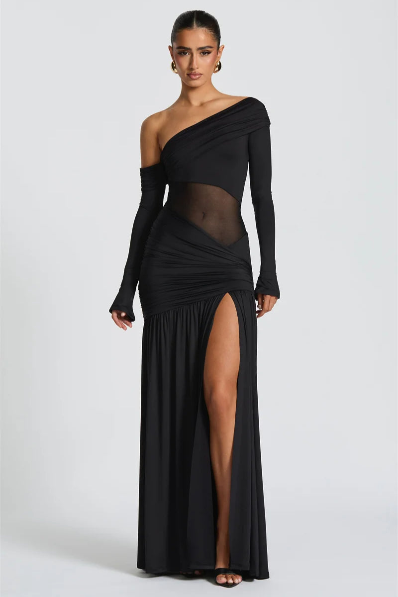 Off Shoulder Long Sleeve Mesh Panel Ruched High Split Maxi Dress