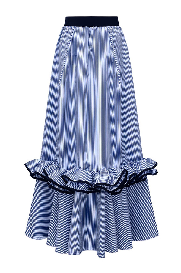 Striped Print Elegant Ruffle Trim Vacation Maxi Skirt
