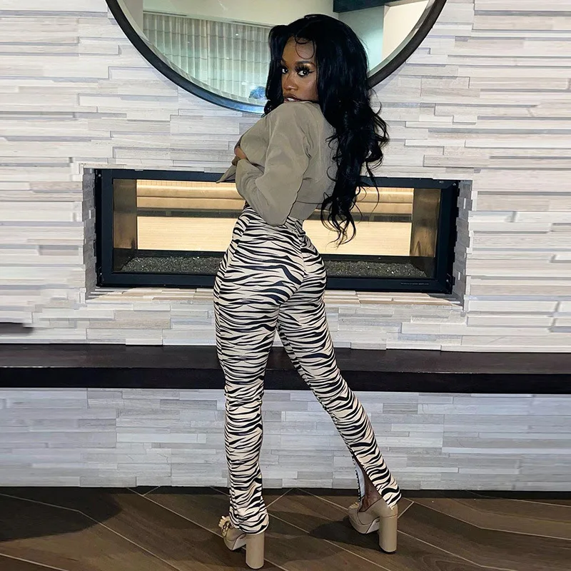 Ootddress Female Trousers Casual Zebra Print Straight Leg Pants Split Out Spring Women Streetwear High Waist Fashion Ladies Pants