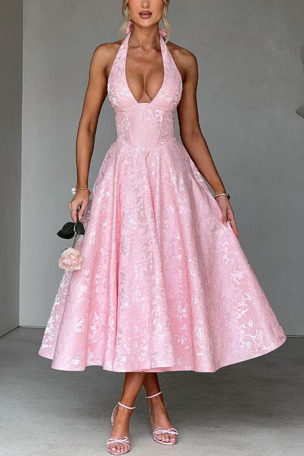 Stylish Jacquard Halter Neck Fitted Waist Open Back Elegant Midi Dress