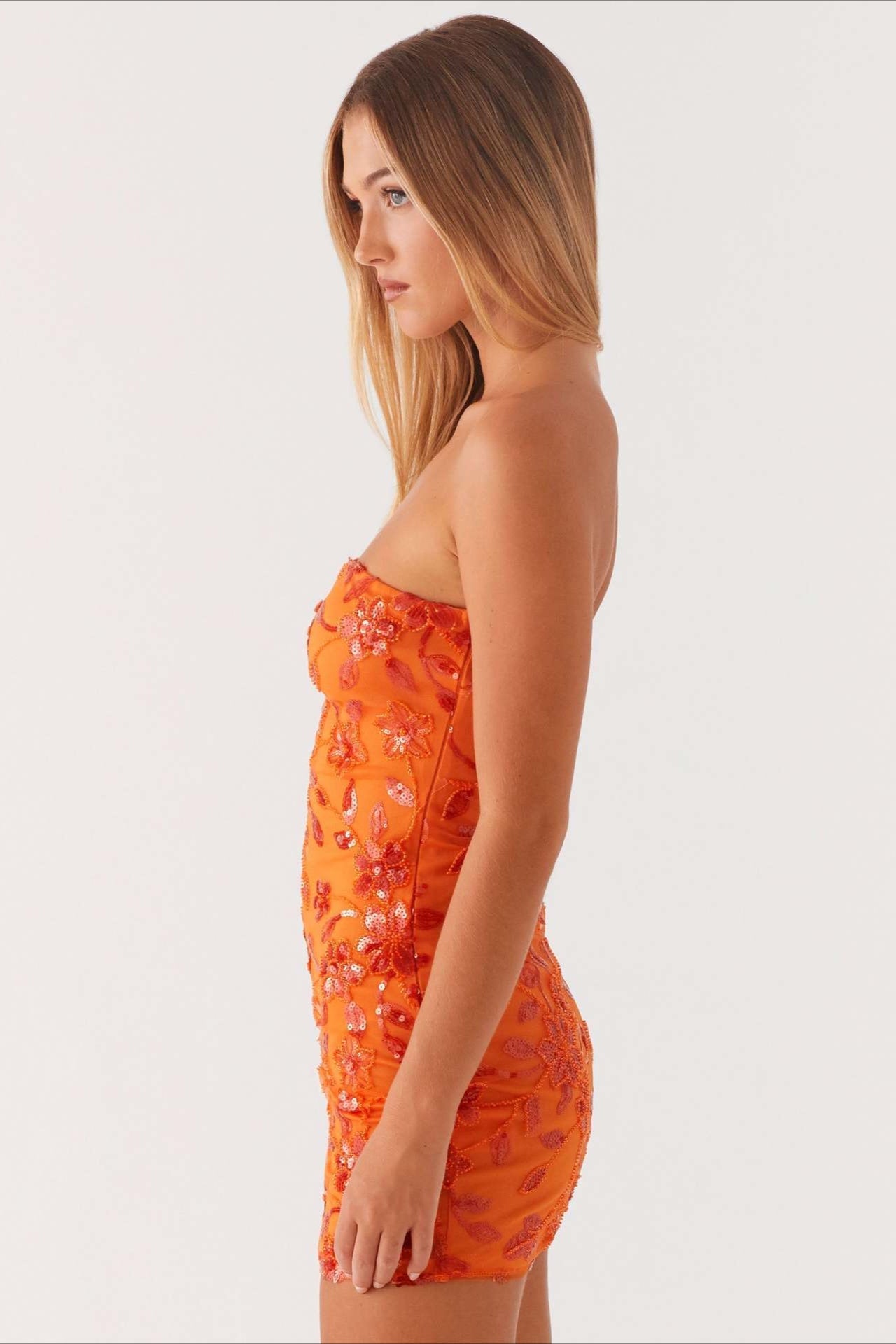 Strapless Sequin Floral Embroidered Mesh Bodycon Mini Dress