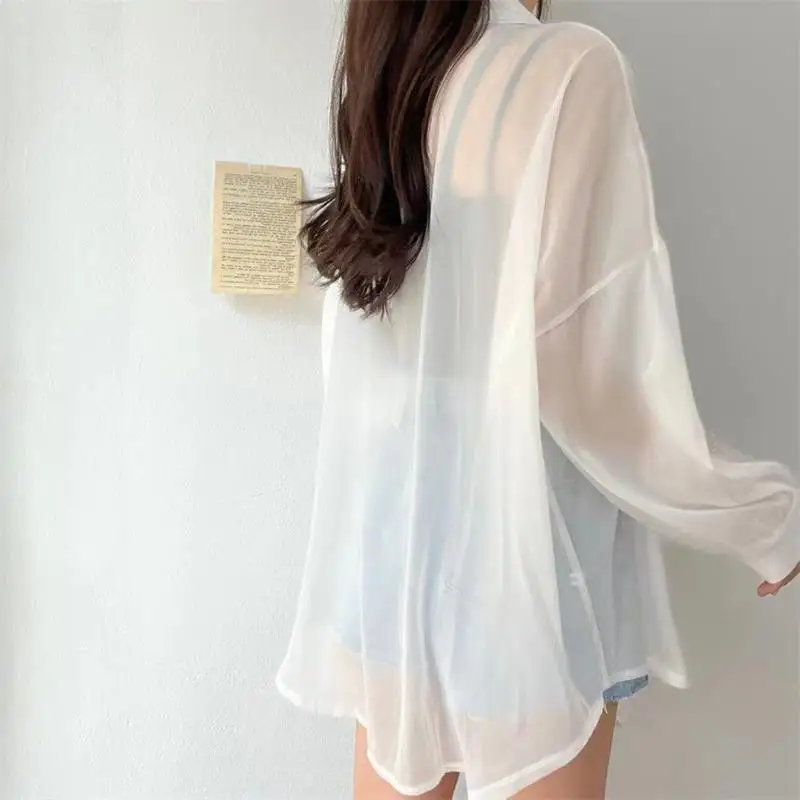Perspective Shirts Women Sheer Thin Chic Summer Simple Solid Sun-proof Top Fashion Blouse Baggy All-match Basic Korean Clothing