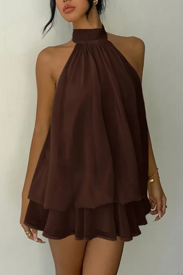 Fashionable Chiffon Halter Neck Backless Lace-up Casual Vacation Mini Dress