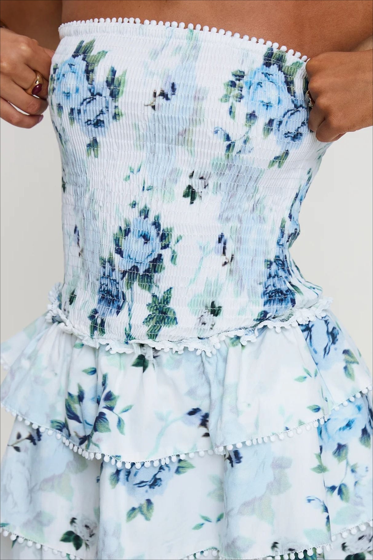Strapless Smocked Floral Tiered Ruffle Pom Trim Mini Dress