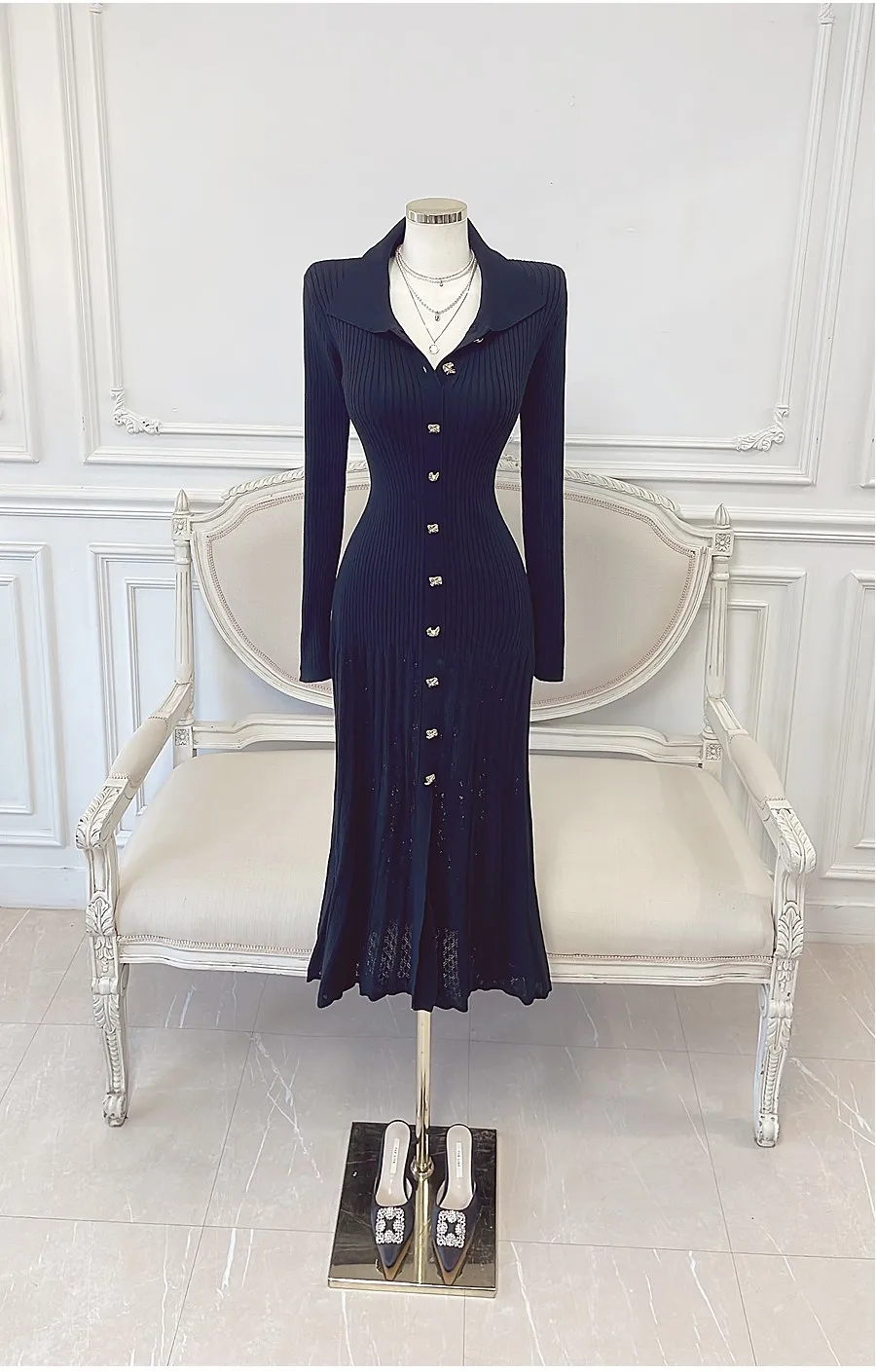 Retro Elegant Knitted Dress Women Long Sleeve Slim Single Breasted Bodycon Dresses Ladies Lapel Hollow Out Long Robe Vestidos 11 Retro Elegant Knitted Dress Women Long Sleeve Slim Single Breasted Bodycon Dresses Ladies Lapel Hollow Out Long Robe Vestidos