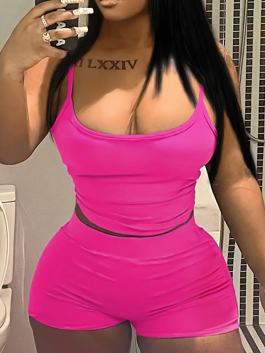 Women Chic Cami Skinny Stretchy Shorts Set Suspenders Top - Stylish and Comfortable