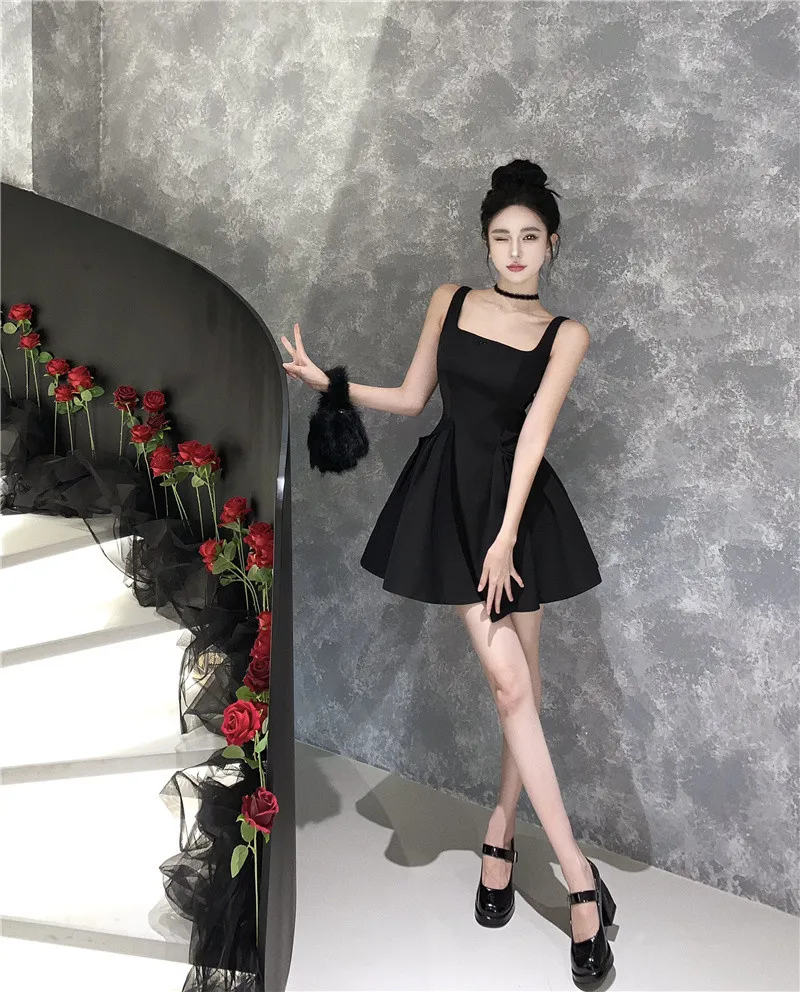 Y2K Black Short Dress Women Spaghetti Strap New Summer Sexy Evening Party Dresses with Pockets French Vintage Backless Clothing