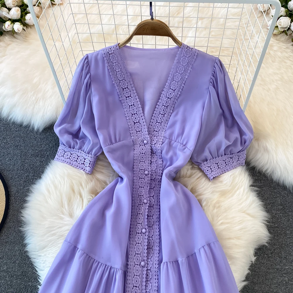 New Women Vintage Party Dress Summer Puff Sleeve Sexy V Neck Lace Single-breasted Long Dresses Ladies A Line Elegant Long Robe 30 New Women Vintage Party Dress Summer Puff Sleeve Sexy V Neck Lace Single-breasted Long Dresses Ladies A Line Elegant Long Robe