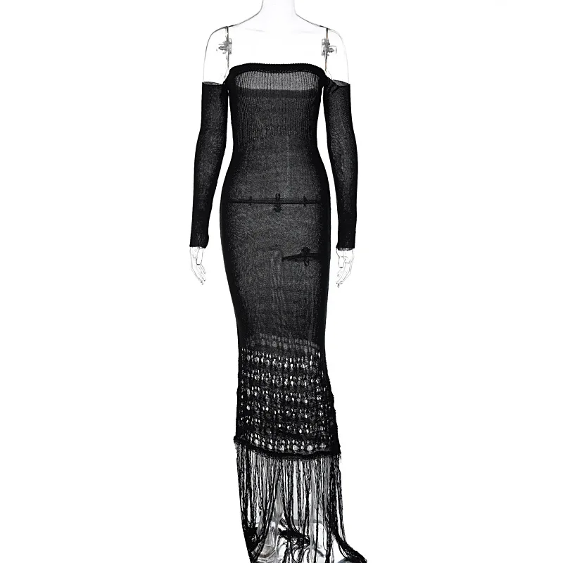 Ootddress Knitted Tassel Maxi Dresses For Women Hollow Out Sexy Bodycon Dress Women's Off The Shoulders Elegant Evening Dress Woman