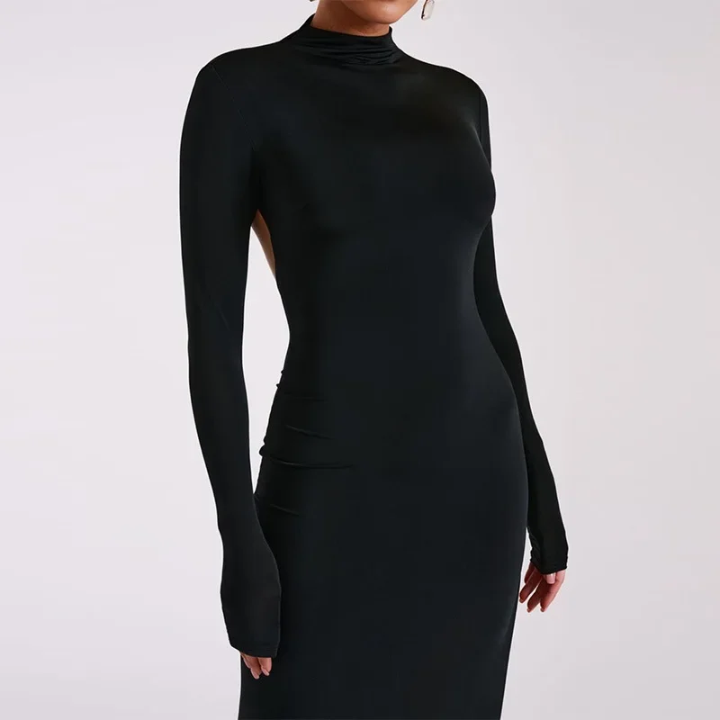 Ootddress Side Slit Back Dress Women Sexy Backless Temperament Long Sleeve Dresses Lady Party Elegant Bodycon Evening Dress Woman