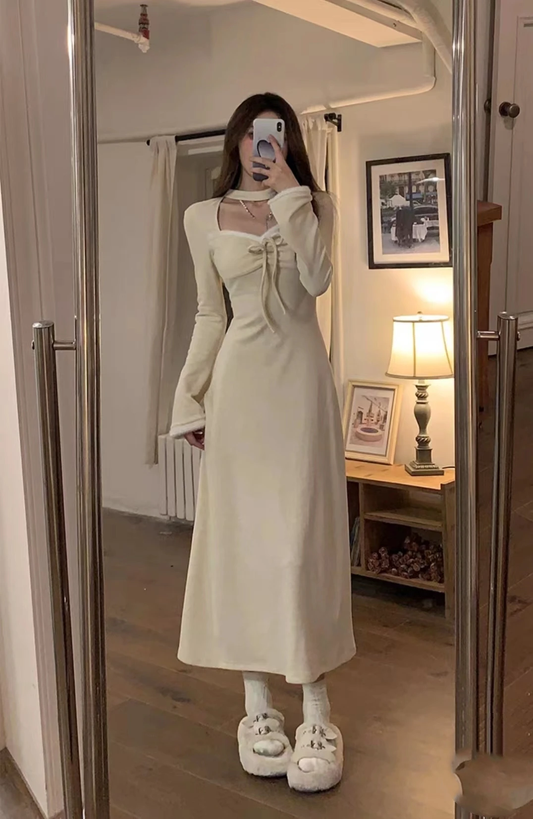 Autumn Winter Solid Knitted Dress Women Faux Fur Patchwork Halter Square Collar Long Sleeves Lace Up Slim French Vintage Vestido 11 Autumn Winter Solid Knitted Dress Women Faux Fur Patchwork Halter Square Collar Long Sleeves Lace Up Slim French Vintage Vestido