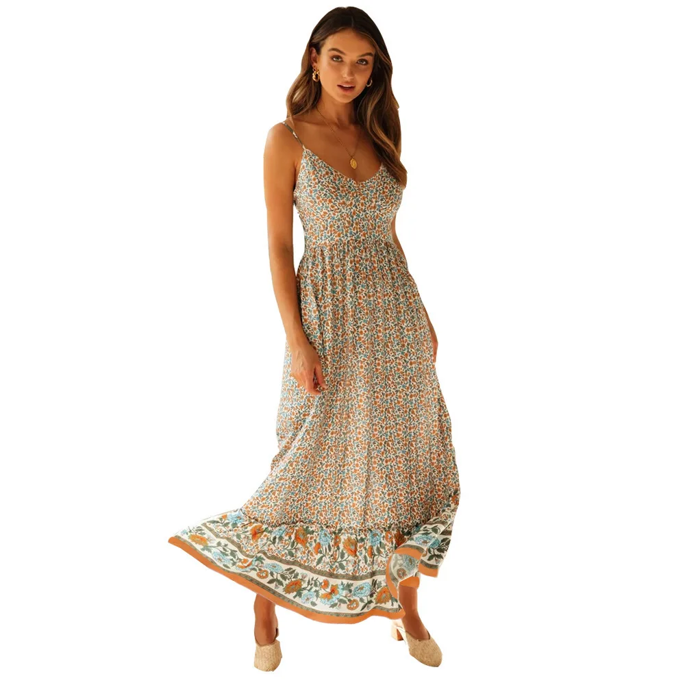 Bohemian Floral Spaghetti Strap Dresses Women Sexy V-neck Backless Casual Beach Vacation Long Dress Female Vestidos Summer New 40 undefined