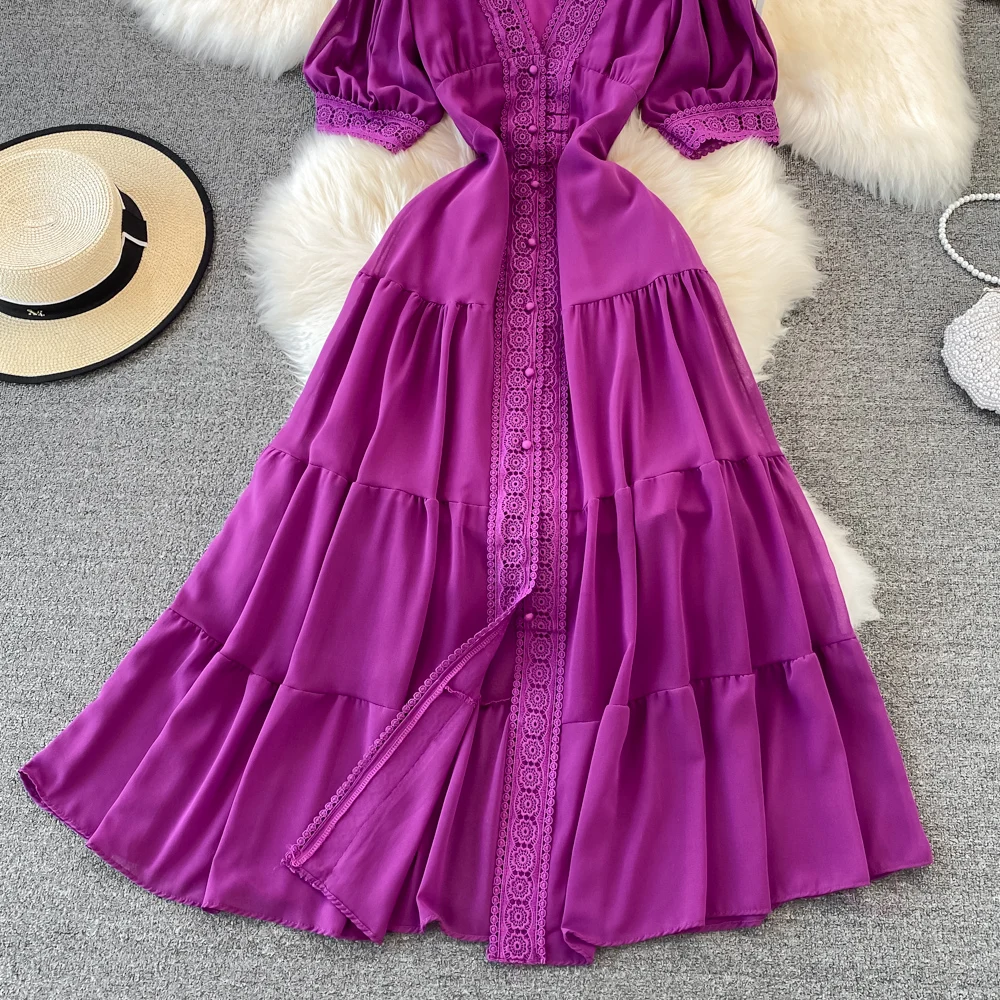 New Women Vintage Party Dress Summer Puff Sleeve Sexy V Neck Lace Single-breasted Long Dresses Ladies A Line Elegant Long Robe 28 New Women Vintage Party Dress Summer Puff Sleeve Sexy V Neck Lace Single-breasted Long Dresses Ladies A Line Elegant Long Robe