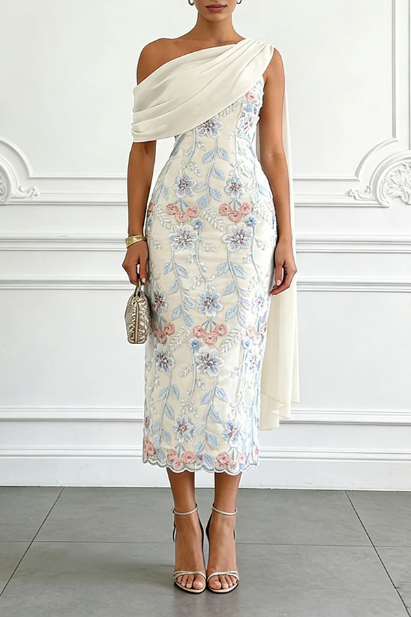 Ellie Ruched Drape Tulle One Shoulder Floral Embroidery Party Midi Dress
