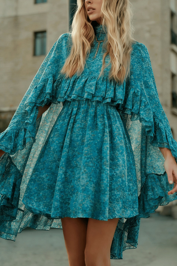 Solid Color Loose Stand Collar Ruffled Top and V-neck Camisole Fitted Waist Mini Dress Set