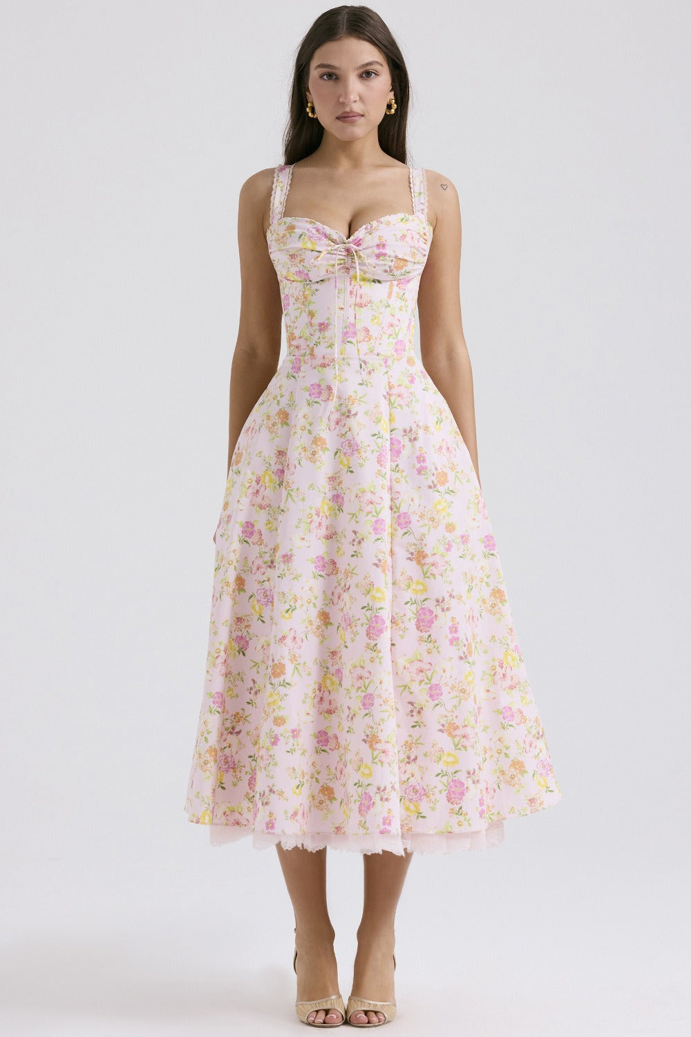 Wide Strap Lace Trim Corset Bodice Floral Print A-Line Midi Dress