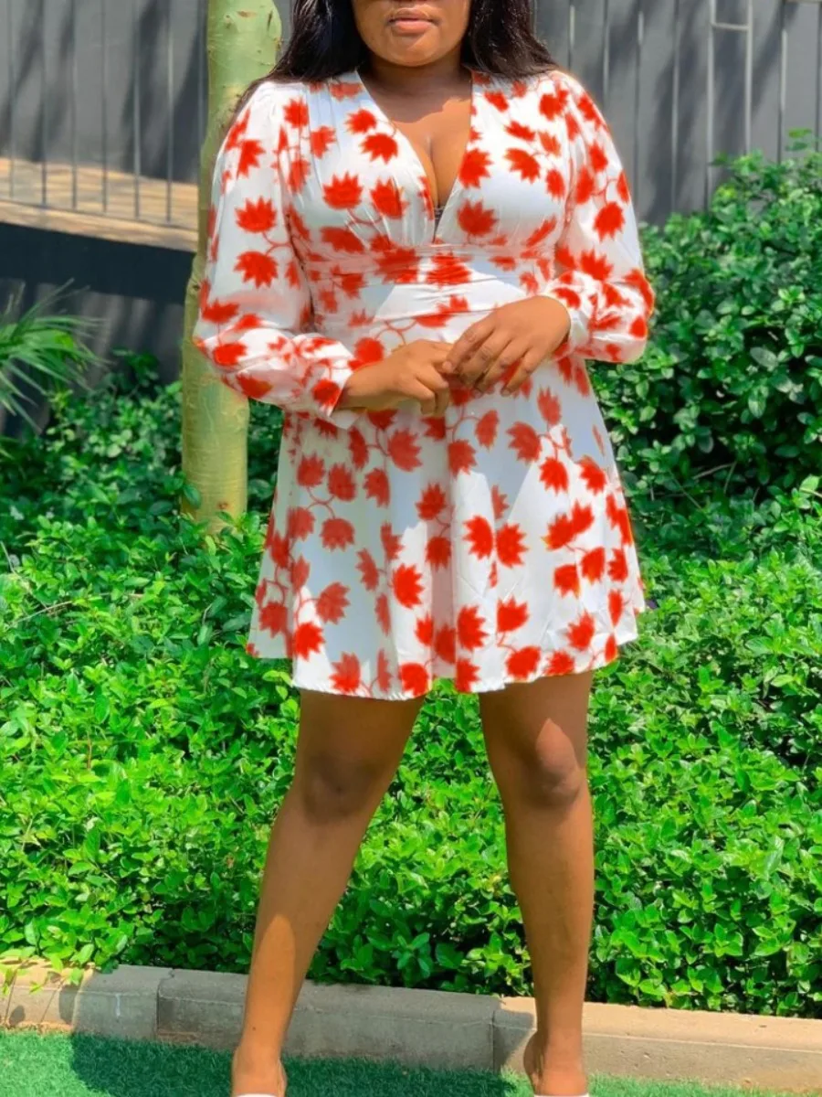 Sweet 2025 Fashion Dress Deep V Neck Floral Print Mini A Line Cleavage Women Clothings Summer Long Sleeve Lady Outfits