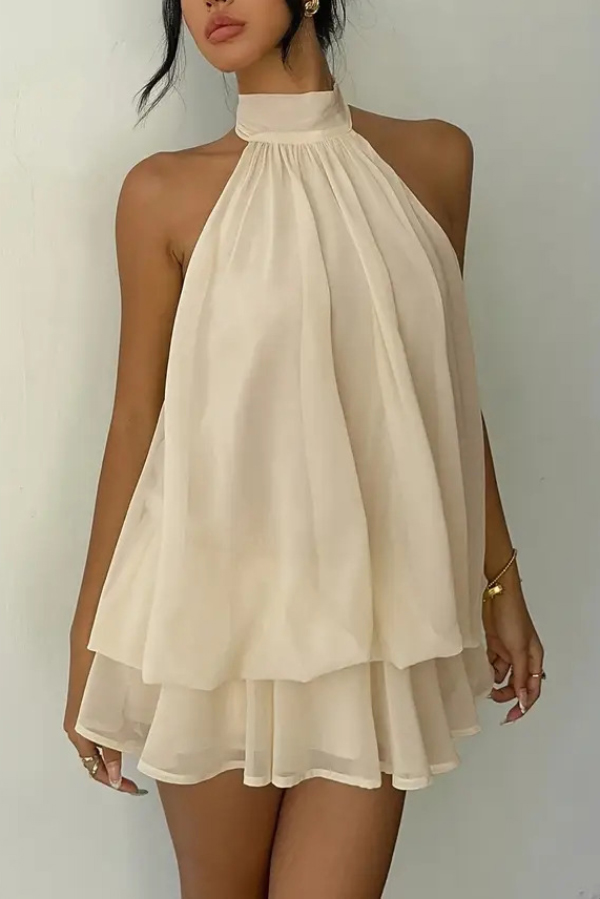 Fashionable Chiffon Halter Neck Backless Lace-up Casual Vacation Mini Dress