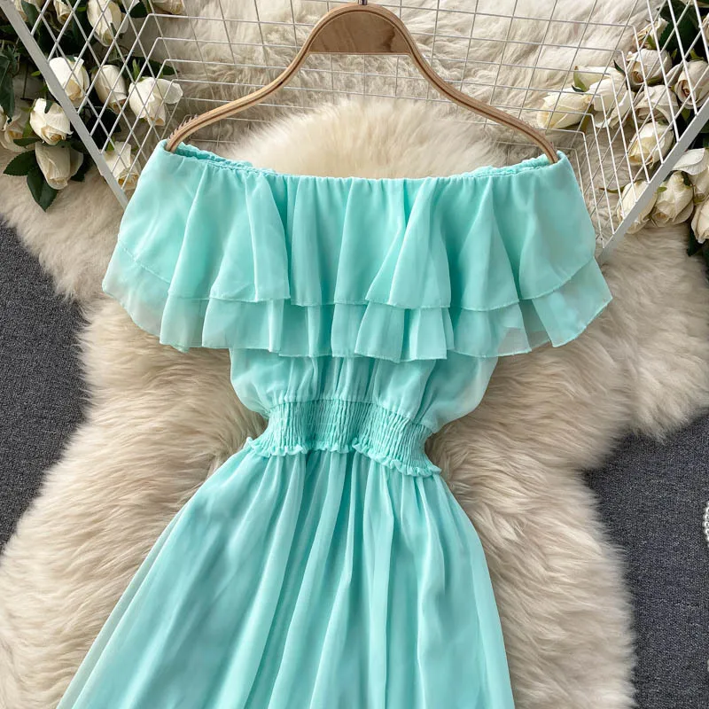 Women Chiffon Beach Dress Sexy Double Layer Ruffled Off The Shoulder Boho Dresses Ladies Sweet Slash Neck Long Dress 27 Women Chiffon Beach Dress Sexy Double Layer Ruffled Off The Shoulder Boho Dresses Ladies Sweet Slash Neck Long Dress