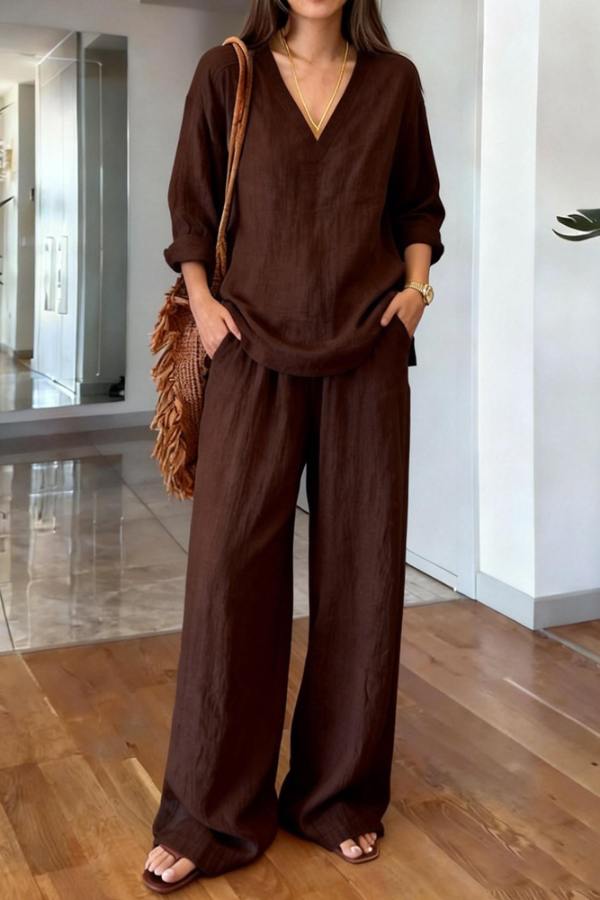 Linen Blend V-neck Long-sleeved Loose Top and Elastic Waist Casual Pocket Pants Set
