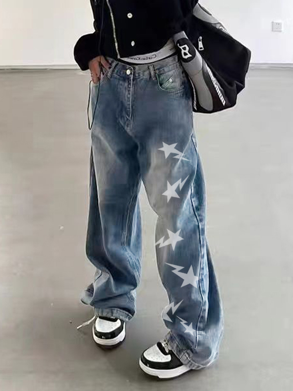Washed Star Print Boyfriend Jeans
