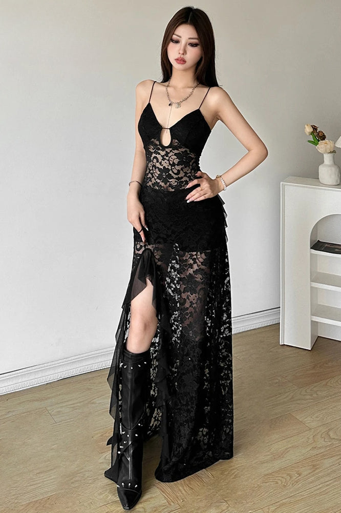 Deep V-Neck Keyhole Cutout Spaghetti Strap Floral Lace Column Maxi Dress