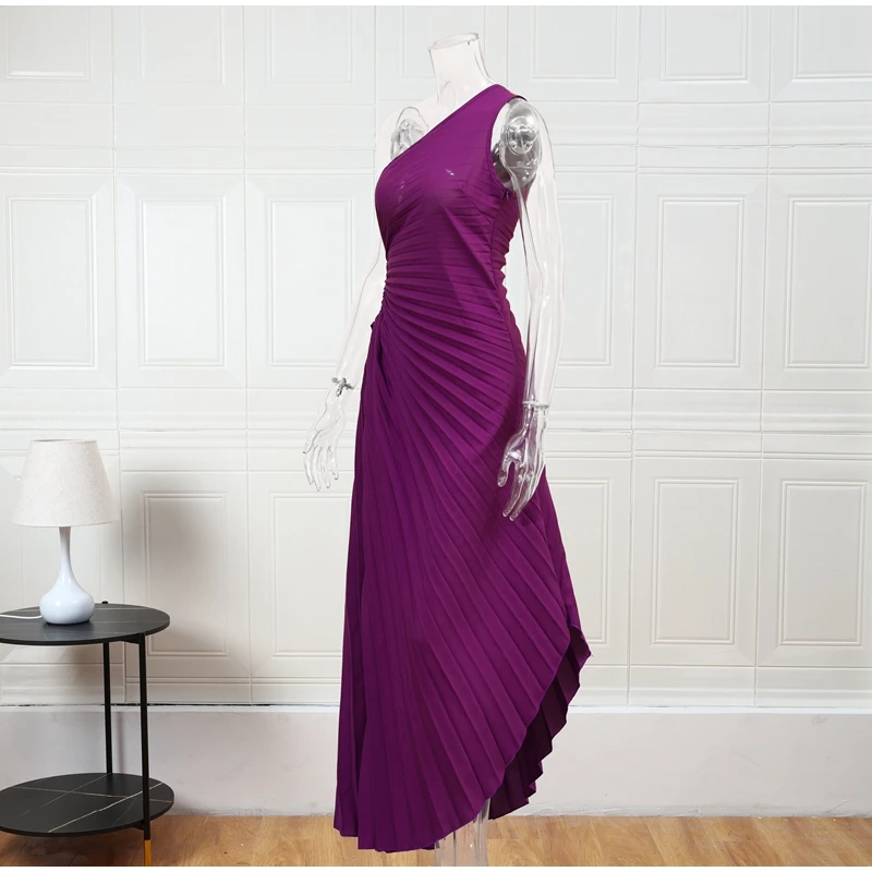 Ootddress Elegant Female Sexy Dress Gown Pleated One-Shoulder Sleeveless Summer Party Dress Fashion Slim Solid For Women Maxi Dress
