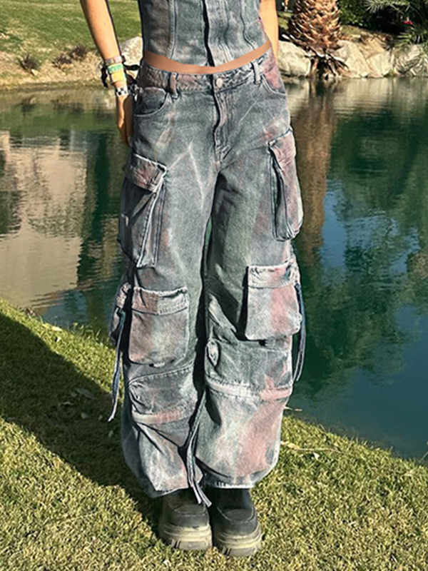 Vintage Tie Dye Multi Pocket Cargo Jeans