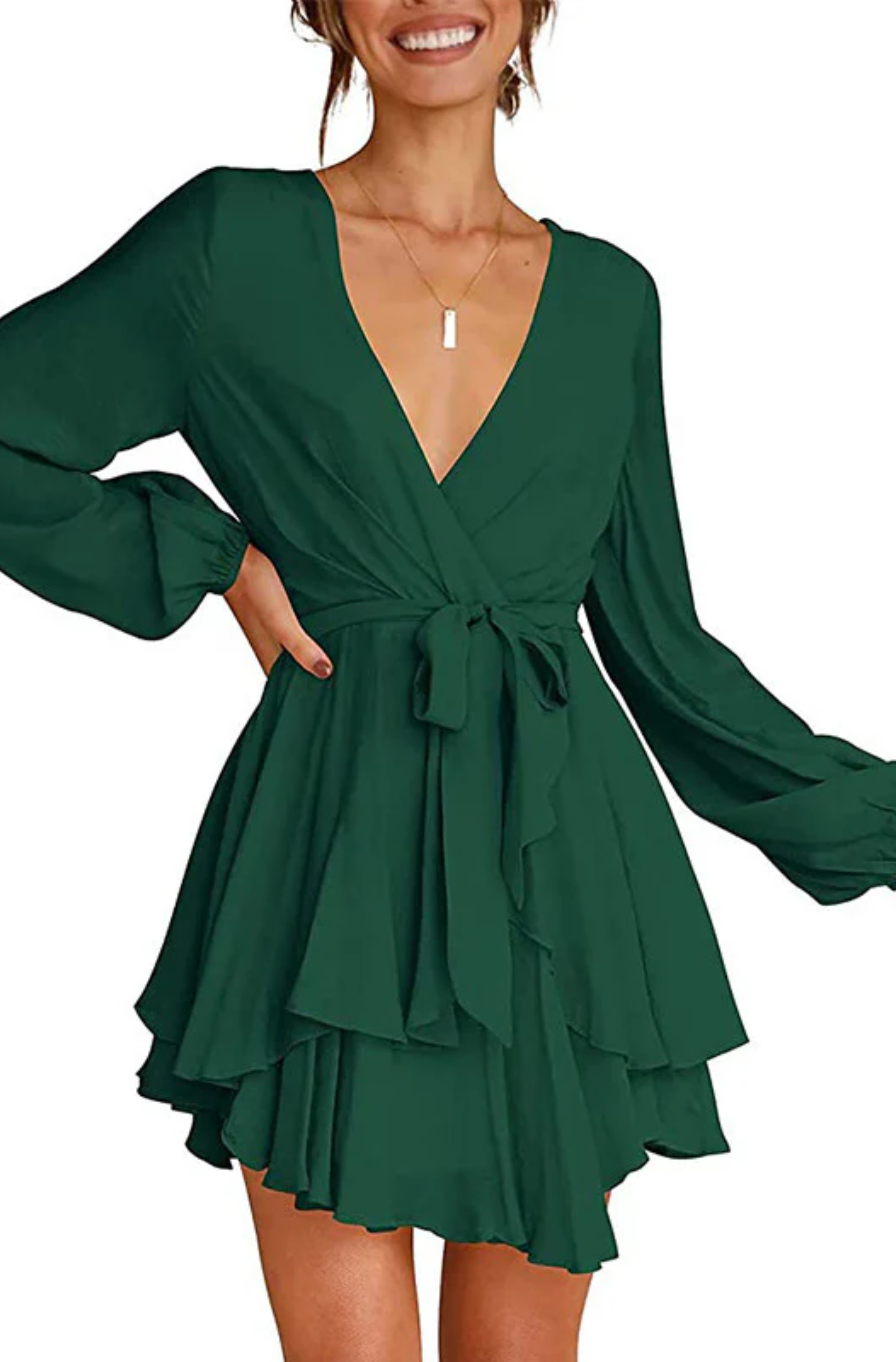 Wrap Front Deep V-Neck Bishop Sleeve Elastic Waist Tiered Flounce Mini Dress