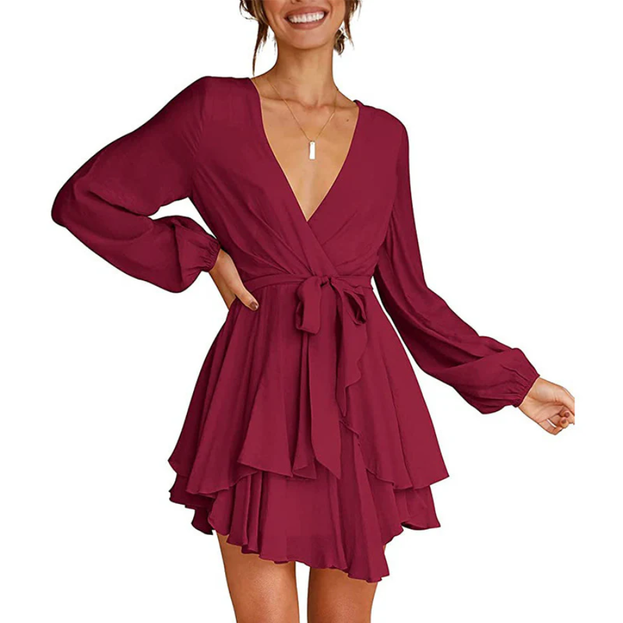 Wrap Front Deep V-Neck Bishop Sleeve Elastic Waist Tiered Flounce Mini Dress