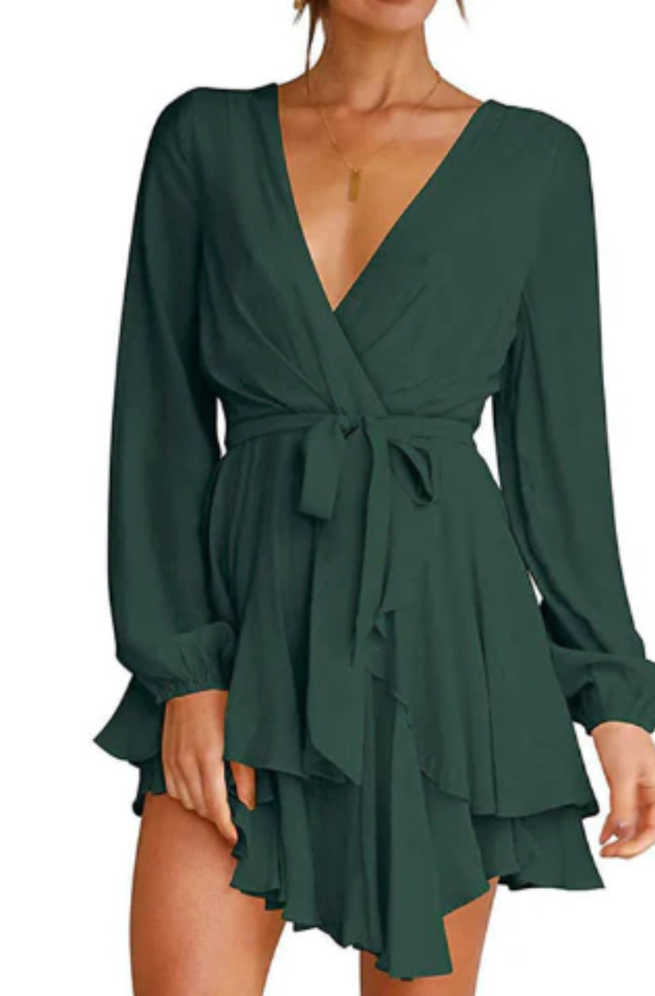Wrap Front Deep V-Neck Bishop Sleeve Elastic Waist Tiered Flounce Mini Dress