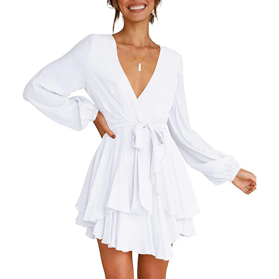 Wrap Front Deep V-Neck Bishop Sleeve Elastic Waist Tiered Flounce Mini Dress