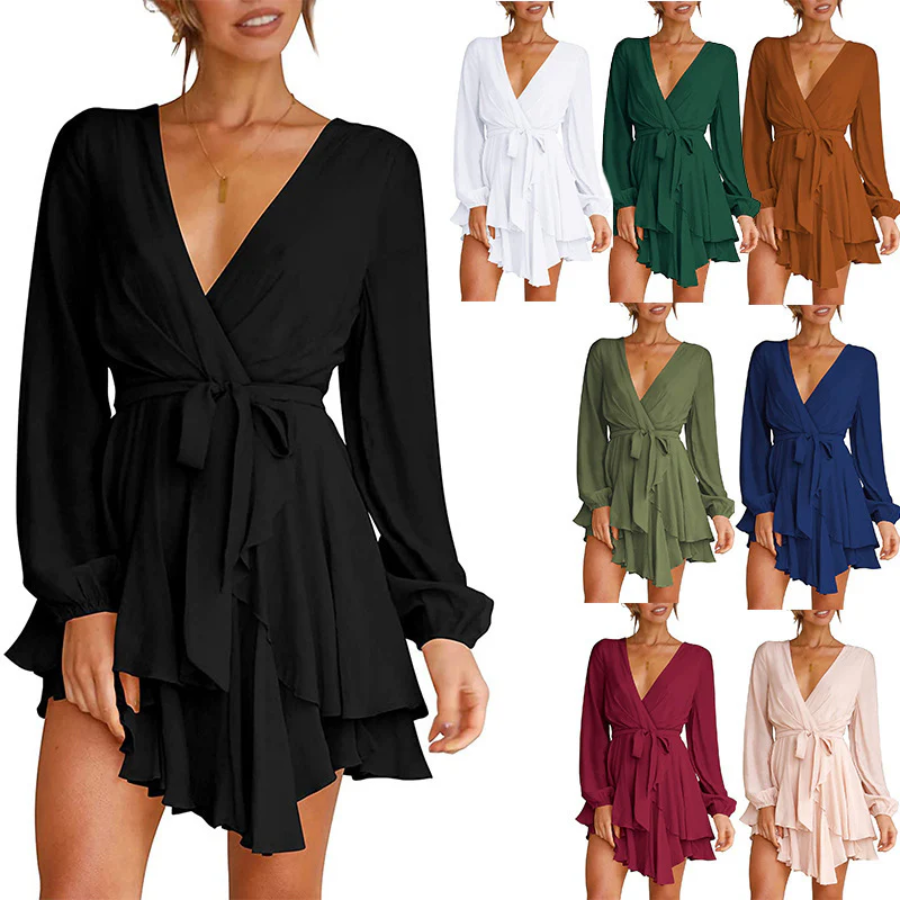 Wrap Front Deep V-Neck Bishop Sleeve Elastic Waist Tiered Flounce Mini Dress