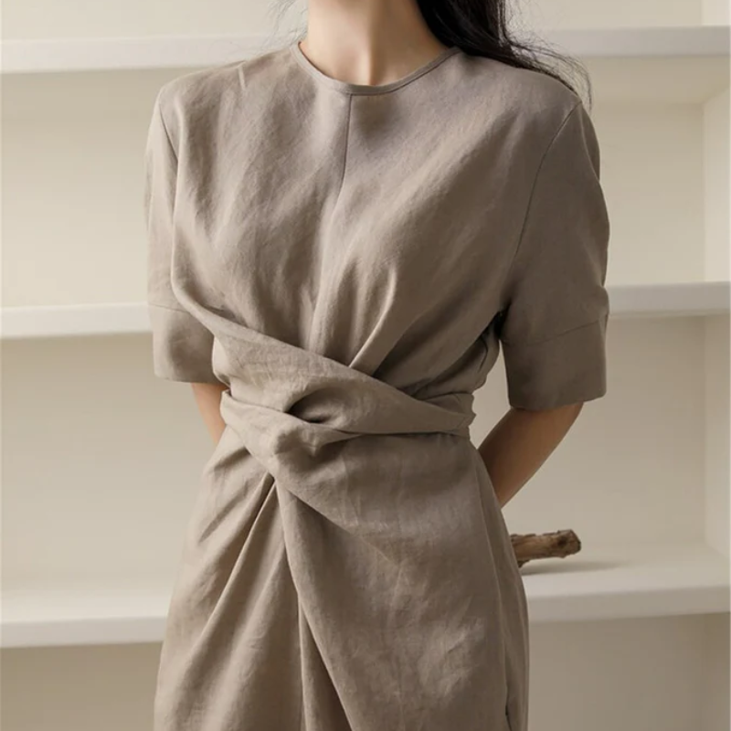 Linen Look Wrap Tie Waist Short Sleeve Midi Dress