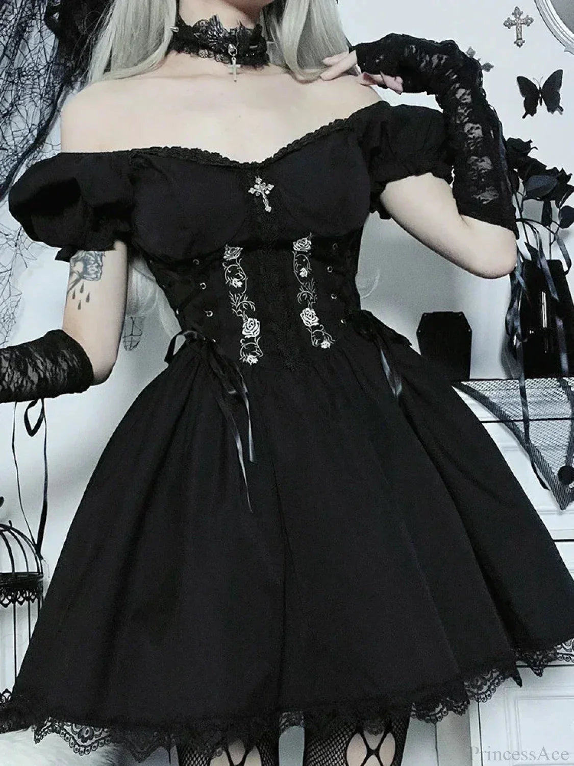 Floral Embroidery Sweetheart Lace Up Corset Puff Sleeve Lace Trim Mini Dress
